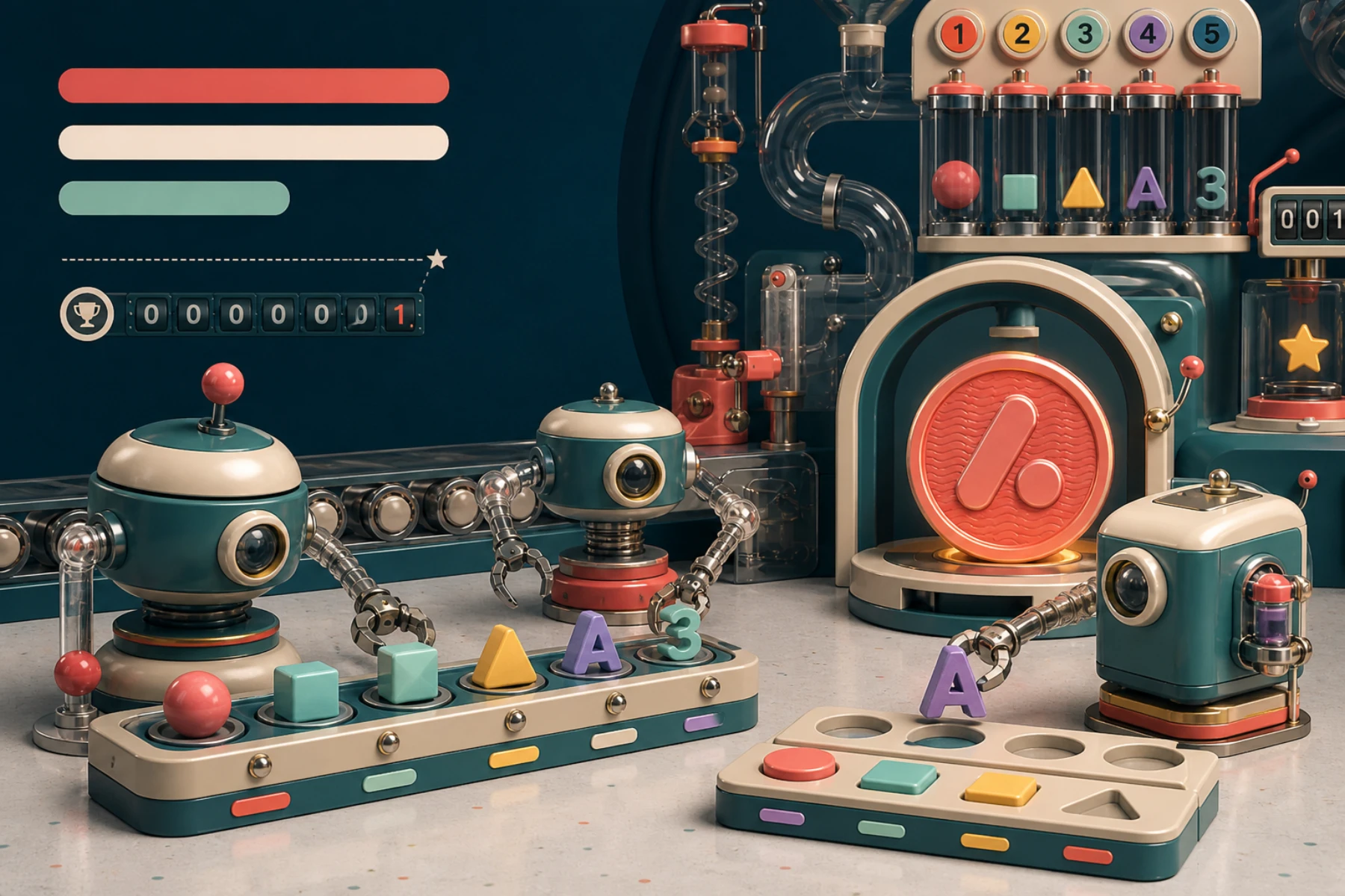 Three autonomous agents building a game from colorful shapes